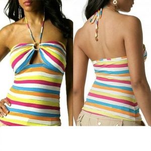 NEW Baby Phat Y2K Rainbow stripe Rhinestone Cat Keyhole Halter L / XL